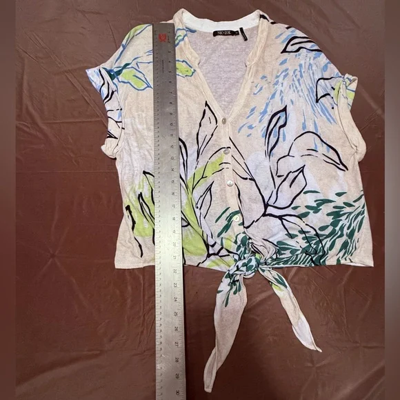 NIC+ZOE Cream/Green Waterfront Short Sleeve Button Tie Sweater Top Medium $128 - Picture 11 of 11